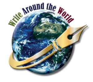 Write Around the World 2023 logo - world circled by pen on white background